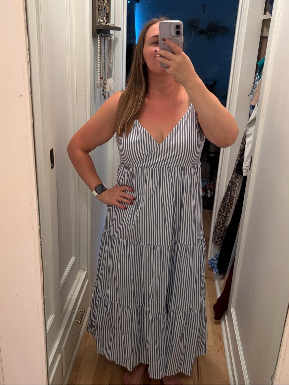 Blue and White Striped Maxi Dress - Sleeveless V-Neck